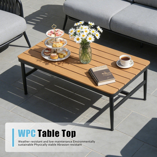 English Elm 4-piece Outdoor Wicker Conversation Set with Thick Cushions and Wpc Coffee Table T5880S00018