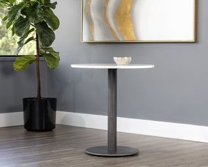 Sunpan Suki 27.5" Round Bistro Table - Art Deco White Marble Top with Pewter Steel Base for Dining Spaces