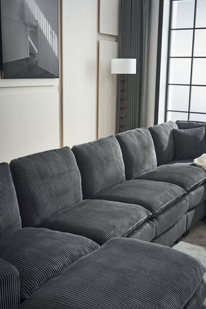 English Elm Modern U Shaped 6-Seat Sectional Sofa with Ottoman and 3 Toss Pillows, Corduroy Modular Comfort and Durable Frame Grey W2363S00041