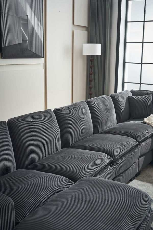 English Elm Modern U Shaped 6-Seat Sectional Sofa with Ottoman and 3 Toss Pillows, Corduroy Modular Comfort and Durable Frame Grey W2363S00041