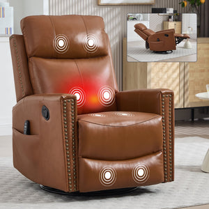 English Elm Deep Ochre Genuine Leather Swivel Rocker Recliner with Massage Heat for Living Room W1803P323711