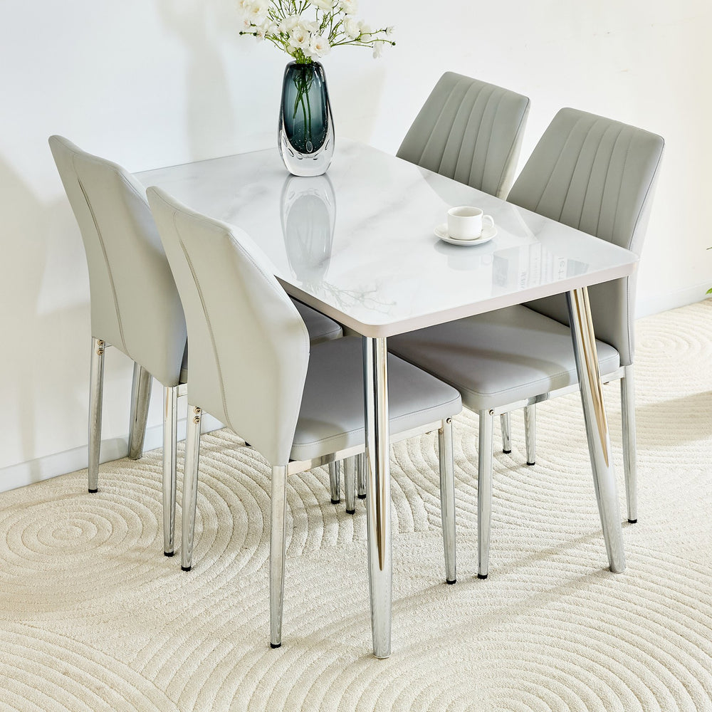 English Elm Table and Chair Set Marble Glass Top Silver Legs with Four Pu Seats for Dining W1151S04642