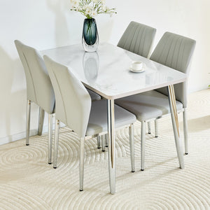 English Elm Table and Chair Set Marble Glass Top Silver Legs with Four Pu Seats for Dining W1151S04642
