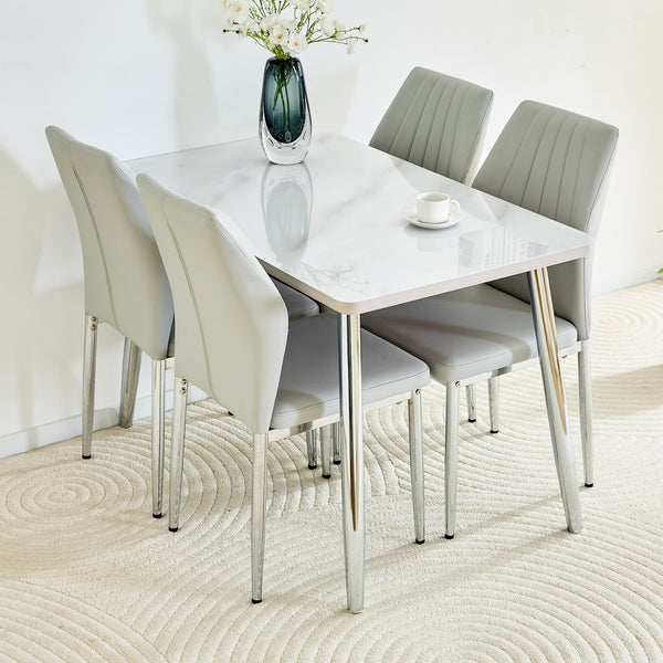 English Elm Table and Chair Set Marble Glass Top Silver Legs with Four Pu Seats for Dining W1151S04642