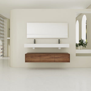 English Elm 60 Inch Wall-Mounted Bathroom Vanity With Dual Resin Sinks, Soft-Close Drawers & Modern Elegance W999S00259