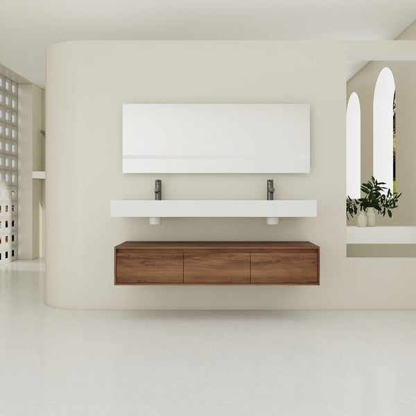 English Elm 60 Inch Wall-Mounted Bathroom Vanity With Dual Resin Sinks, Soft-Close Drawers & Modern Elegance W999S00259