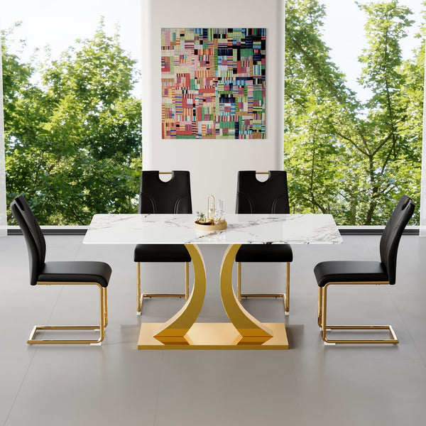 English Elm Marble-Patterned Foldable Dining Table With 4 Black U-Shaped Armchairs - Modern, Space-Saving Set W2920S00087