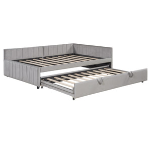 English Elm Full L-Shaped Upholstered Daybed with Twin Pop-Up Trundle, Vertical Stripe Design, Cozy Lounge Style (98) Gray SF000191AAE