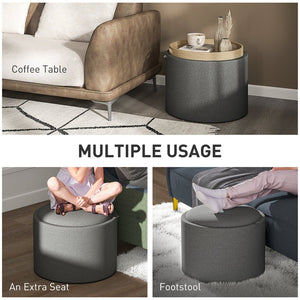 English Elm Linen Upholstered Round Ottoman with Flip Top Tray and Hidden Interior Storage T3971P406028