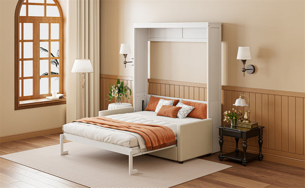 English Elm Full Size Murphy Wall Bed with Integrated Linen Sofa for Studio or Guest Room White LP000890AAK-1