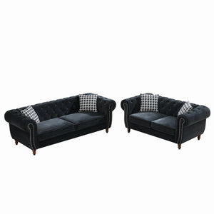 English Elm 3+2 Seater Chesterfield Velvet Sofa Set With Roll Armrests & Nailhead Trim - Luxurious Comfort Design! W3373S00013