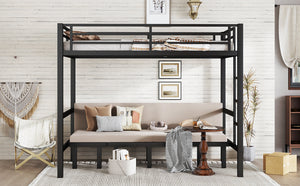 English Elm Full Metal Bunk Bed With Convertible Lower Sofa, Safety Rails & Space-Saving Design In Black Finish W1580S00207