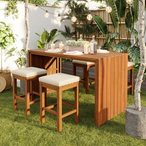 English Elm 5 Piece Acacia Wood Outdoor Bar Set with Four Cushioned Stools for Patio Dining N704G201252K