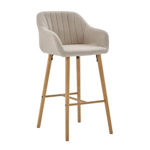 English Elm Modern Linen Upholstered Barstools with Oak Legs Armrests and Footrest for Kitchen Islands Beige W395P396313