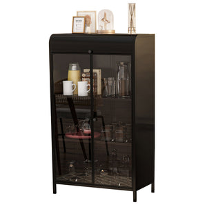 English Elm 47.6" Metal Storage Cabinet Antique Black with Tempered Glass Doors Flip-Top 4-Tier Display Buffet W3122P272697