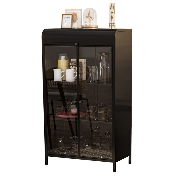 English Elm 47.6" Metal Storage Cabinet Antique Black with Tempered Glass Doors Flip-Top 4-Tier Display Buffet W3122P272697