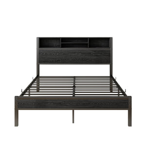 English Elm Full Size Bed Frame with Storage Headboard, Metal Platform with Charging Station, Silent, Sturdy, Black Storage Shelves and Under-Bed Space W840P241043