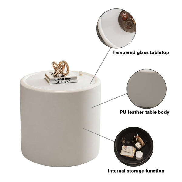 English Elm Black Round Pu Leather Coffee Table with Tempered Glass Top and Hidden Storage Cream White W3081P442390