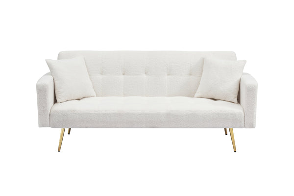 English Elm 71.7 Cozy Teddy Fleece Sofa Bed with 2 Plush Throw Pillows, 3-Seater Convertible Sleeper, 500lb Capacity Beige W3356P298490