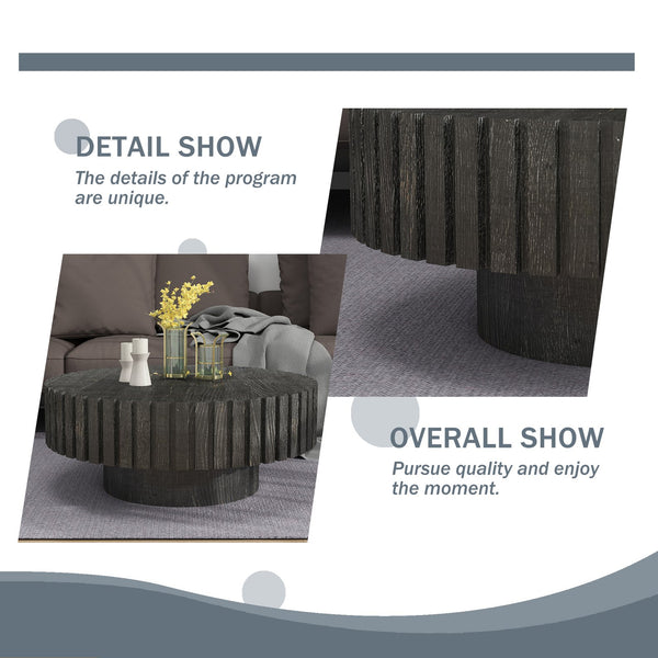 English Elm Modern Circular Black Coffee Table, 31.4-Inch Natural Wood Design For Living, Study & Dining Rooms W1727P251153