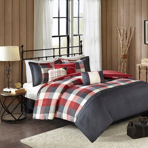 English Elm King/Cal Ridge 6PC Herringbone Duvet Set with Buffalo Plaid, Embroidered Pillows & Button Closure, Cozy Lodge Style B035129175