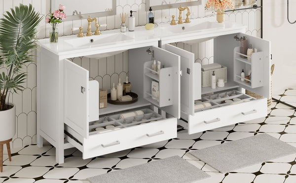 English Elm 72" White Bathroom Vanity Set with Dual Ceramic Sinks, Soft-Close Doors, Divided Drawers & Ample Storage, Solid Wood Frame, Easy Plumbing Access N729P000006K