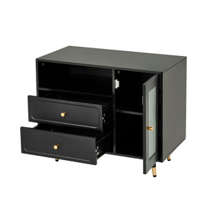 English Elm Modern Makeup Vanity Desk with LED 3-Color Mirror, Built-In Power Station, Sliding Cabinet, Stool Black N844P288432B