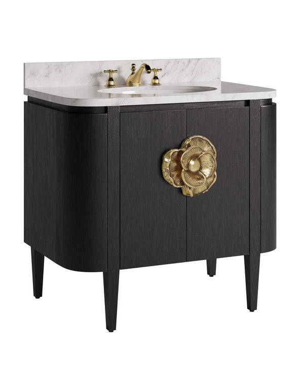 Currey & Company Briallen 36" Vanity With Elegant Carrara Marble Top And Polished Nickel Brass Flower Pull Storage Solutions Black White Oak Solids & Veneers ,Carrara Marble ,Vitreous China ,Brass 3800-0017-currey-company