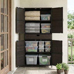 English Elm K&k Tall Arched Pe Rattan Outdoor Storage Cabinet with Adjustable Shelves and Steel Frame Brown+Black N707P420102D