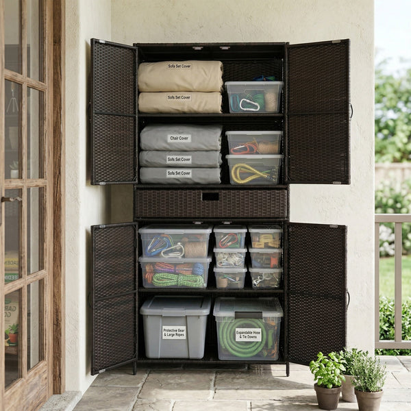 English Elm K&k Tall Arched Pe Rattan Outdoor Storage Cabinet with Adjustable Shelves and Steel Frame Brown+Black N707P420102D