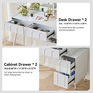 English Elm Modern Makeup Vanity Desk with Slide-Out Cabinet, LED Mirror, 4 Soft-Close Drawers & Cushioned Stool White N844P257529A