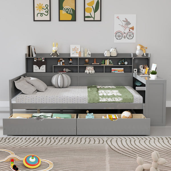 English Elm Wooden Full Size Daybed with Built-In Desk, Side Shelves and Dual Drawers for Organized Living Gray 70 L x 18.6 W x 5.5 H N733S241486E
