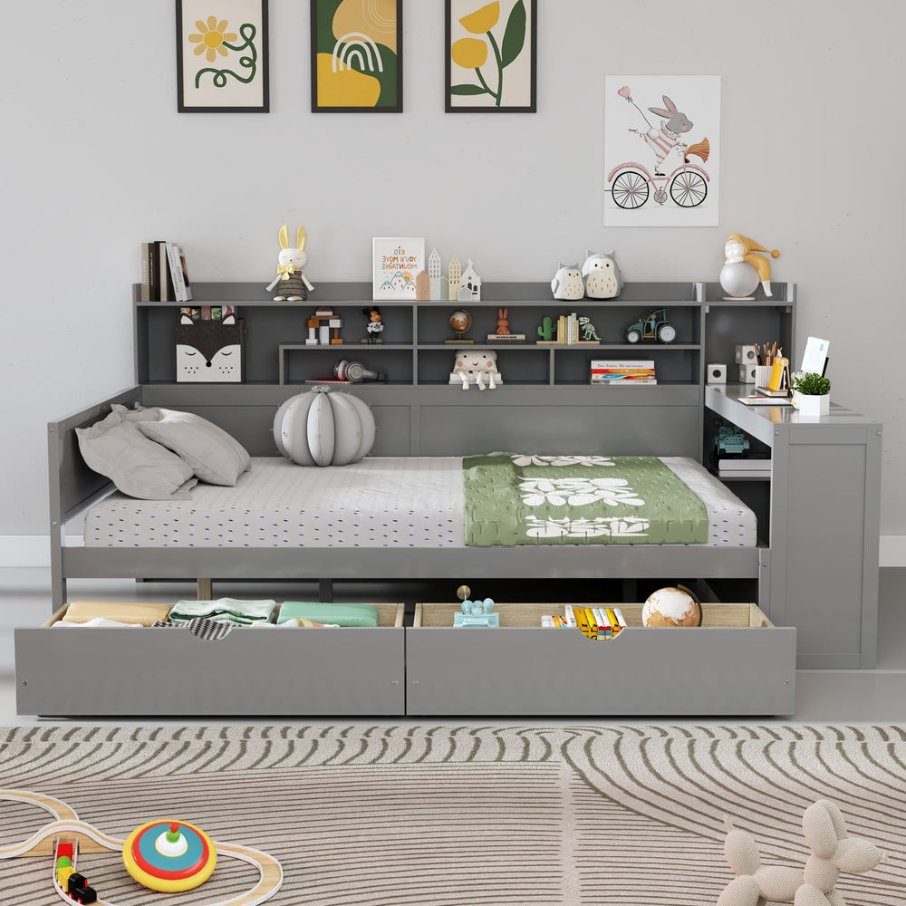English Elm Wooden Twin Daybed with Trundle Built-in Desk and Open Shelves for Kids Rooms Gray N733S373385E