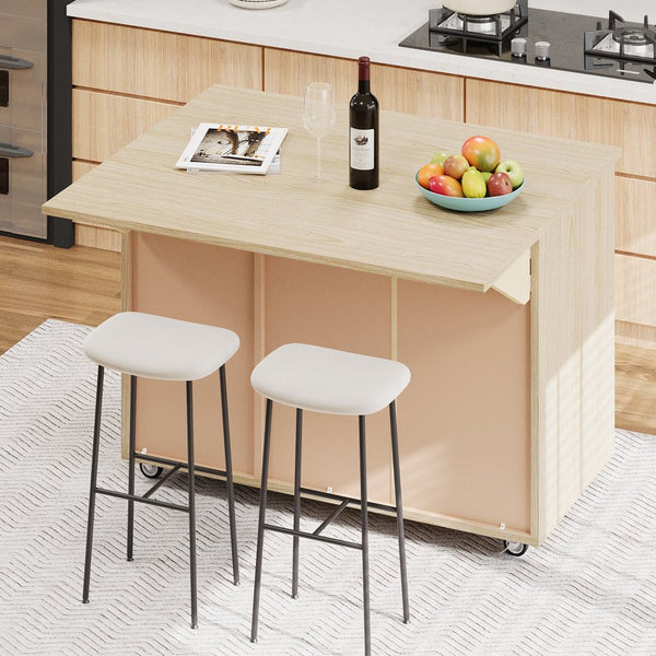 English Elm K&K Farmhouse Kitchen Island with 3D Wave Stripes Ash Veneer, Drop Leaf, Rolling Cart Storage Natural Wood N707P207916Y