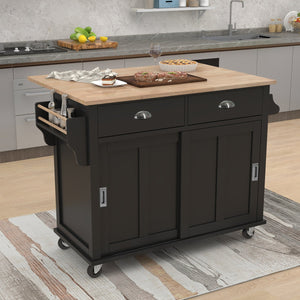 English Elm Kitchen Cart with Drop-Leaf Rubberwood Countertop, Sliding Barn Door, Locking Wheels & Storage Space Black SK000001AAB