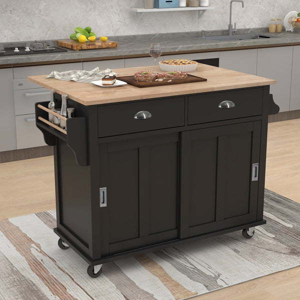 English Elm Kitchen Cart with Drop-Leaf Rubberwood Countertop, Sliding Barn Door, Locking Wheels & Storage Space Black SK000001AAB