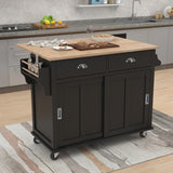 English Elm Kitchen Cart With Rubber Wood Drop-Leaf Countertop, Concealed Sliding Barn Door Adjustable Height,Kitchen Island On 4 Wheels With Storage Cabinet and 2 Drawers,L52.2Xw30.5Xh36.6 Inch, Black