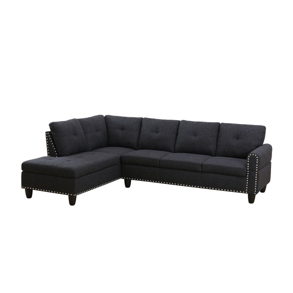English Elm Black Faux Leather L Shaped Sectional with Cup Holders Nailhead Trim Storage Charcoal Grey B2730S00029