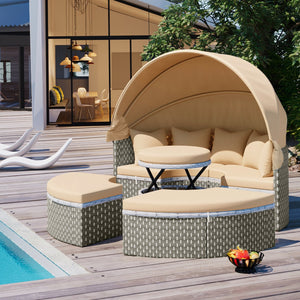 English Elm TOPMAX All-Weather Rattan Round Sectional Daybed with Retractable Canopy, Adjustable Table & Cushions Light Coffee SP100023AAC