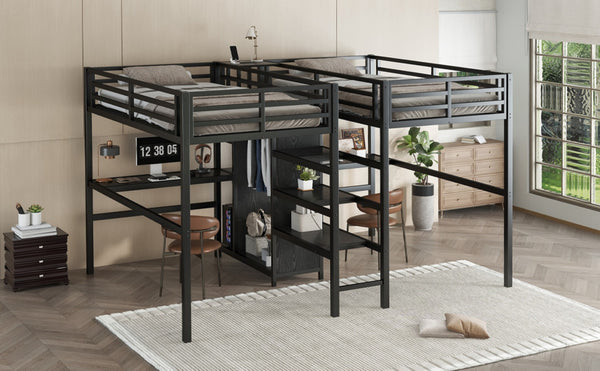 English Elm Twin Metal Loft Bed With Dual Desks, Wardrobe, Shelves & Power Outlet For Ultimate Space-Saving Design W1580S00114-GIGA