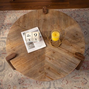 English Elm 36.61" Round Solid Wood Herringbone Coffee Table Tapered Legs Rustic Living Room W3158P453163