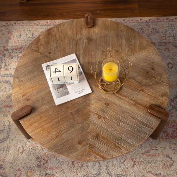English Elm 36.61" Round Solid Wood Herringbone Coffee Table Tapered Legs Rustic Living Room W3158P453163
