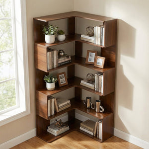 English Elm 6 Tier Corner Bookcase Tall L Shaped Walnut Mdf Open Shelving Unit for Home Office W3204P442028