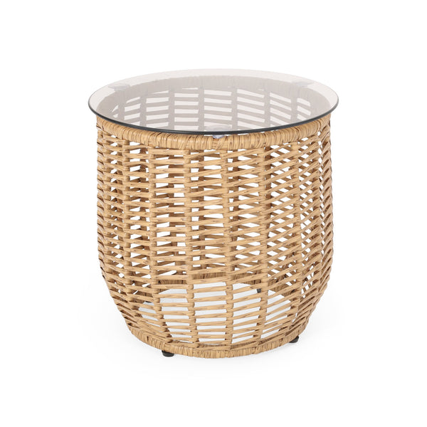 English Elm Christopher Knight Home® - ARIAS RATTAN SIDE TABLE with Tempered Glass Top, Boho Drum Design, Durable Woven Polyethylene Finish Light Brown 65764.00LBRN