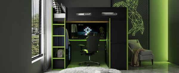 English Elm Full Size Gaming Loft Bed with Rgb Lighting Desk Wardrobe and Built-in Storage Green LT100261AAG