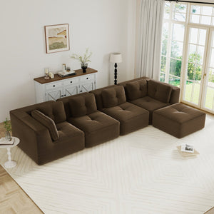 English Elm Modern Corduroy Sectional Sofa with Tufted Cushions Deep Seat and Movable Ottoman Brown W714S01811