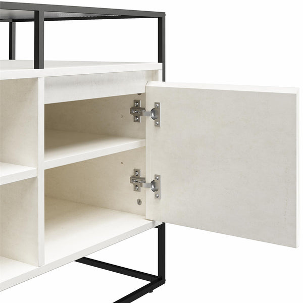 English Elm Camley Industrial Media Console with Fluted Glass Panels and Open Component Shelving B2733P444609