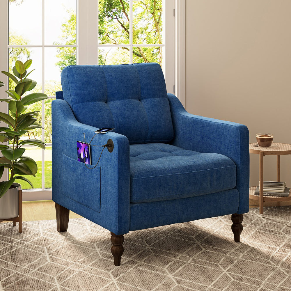 English Elm Accent Chenille Reading Chair with Usb Port Retro Wood Legs Ergonomic Wide Seat W2715P433647