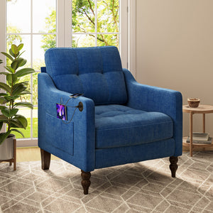 English Elm Accent Chenille Reading Chair with Usb Port Retro Wood Legs Ergonomic Wide Seat W2715P433647