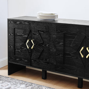 English Elm 60" Mid Century Modern Sideboard Buffet Cabinet with Fluted Diamond Front, Adjustable Shelves, Black — Stylish Storage for TV, Dining, Entryway W1801P290306